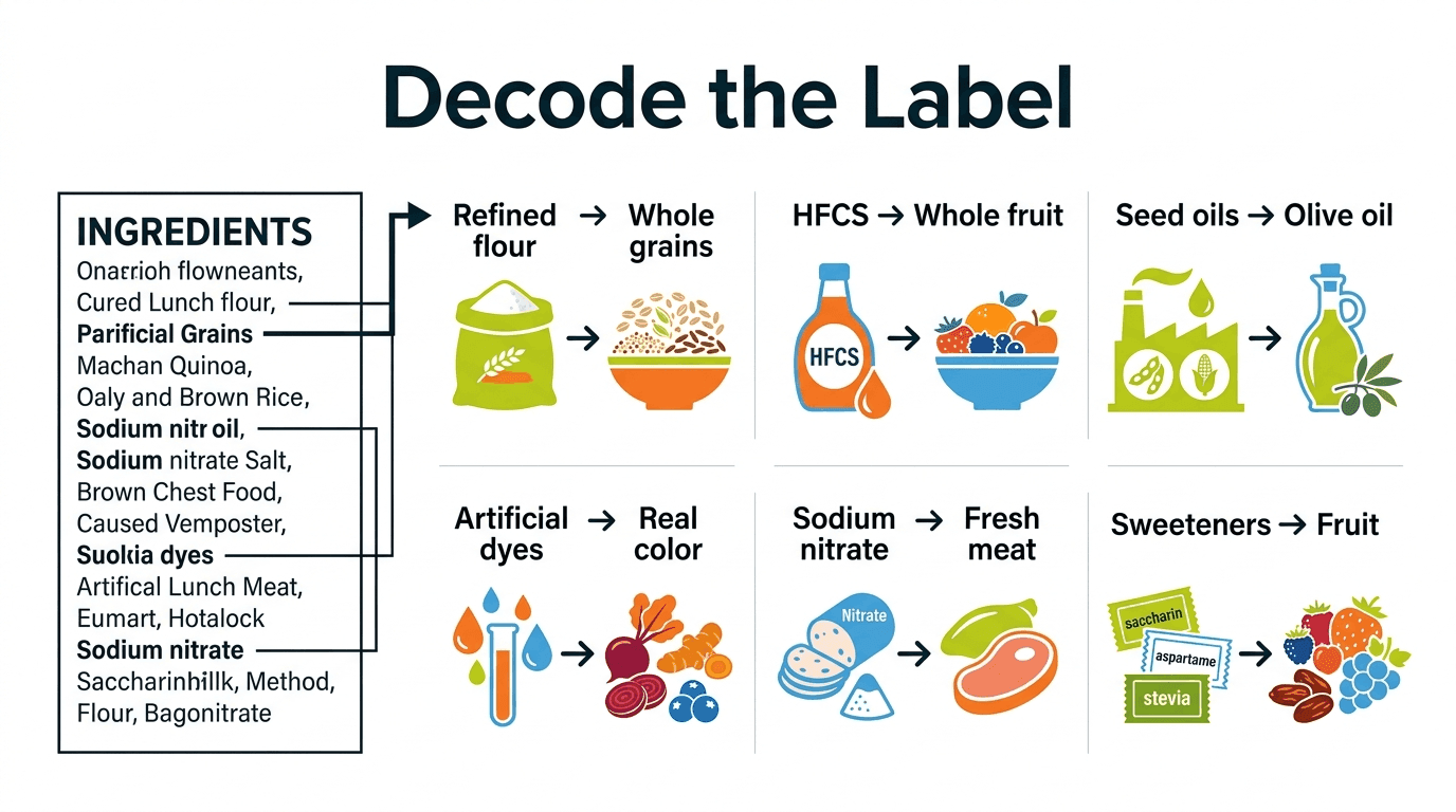 Infographic: a label decoder showing 8 common additives, where they hide, and whole-food swaps