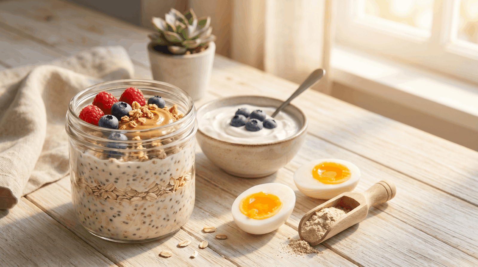 A high-protein breakfast of overnight oats with berries, Greek yogurt with blueberries, soft-boiled eggs and a scoop of protein powder on a sunlit wooden table