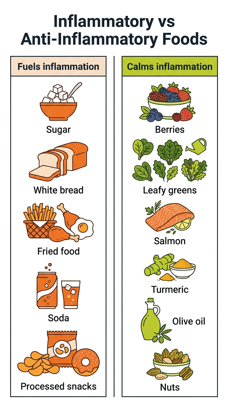 Infographic: inflammatory foods versus anti-inflammatory foods, side by side