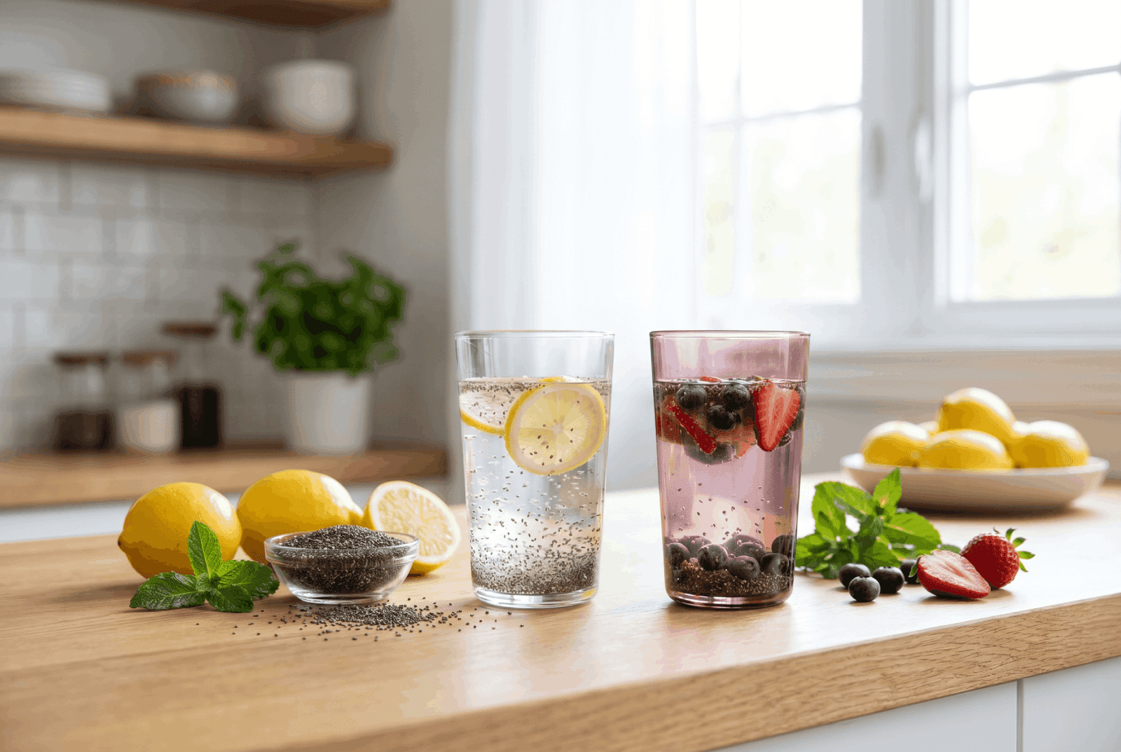Two glasses of chia seed water — one with lemon and one with berries — surrounded by fresh fruit and a bowl of chia seeds