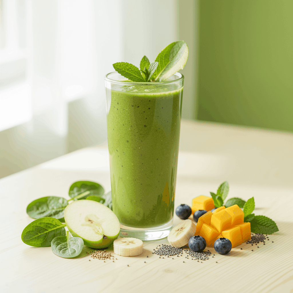 A vibrant green smoothie made with fresh whole ingredients for the 21-day Smoothie Diet