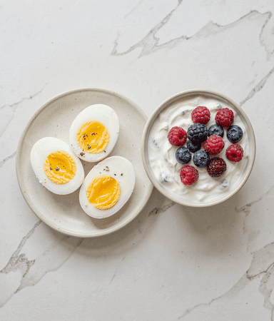 High-protein breakfast of eggs and Greek yogurt with berries