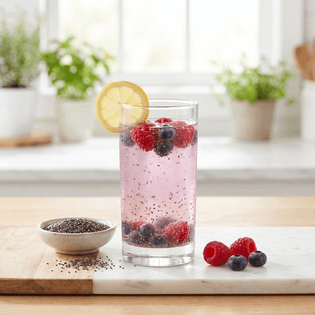 Tall glass of pink-purple berry chia water with raspberries, blueberries, a lemon slice and a bowl of chia seeds