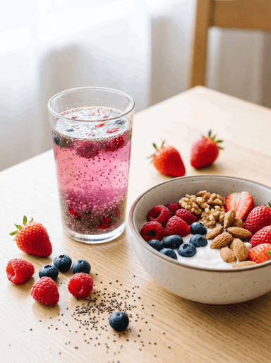 Glass of berry chia water next to a Greek yogurt bowl topped with fresh berries and nuts on a light wood table