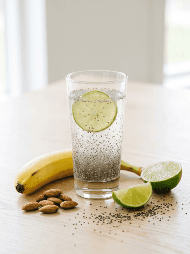 Glass of lime chia fresca next to a banana and a handful of almonds on a light wood table