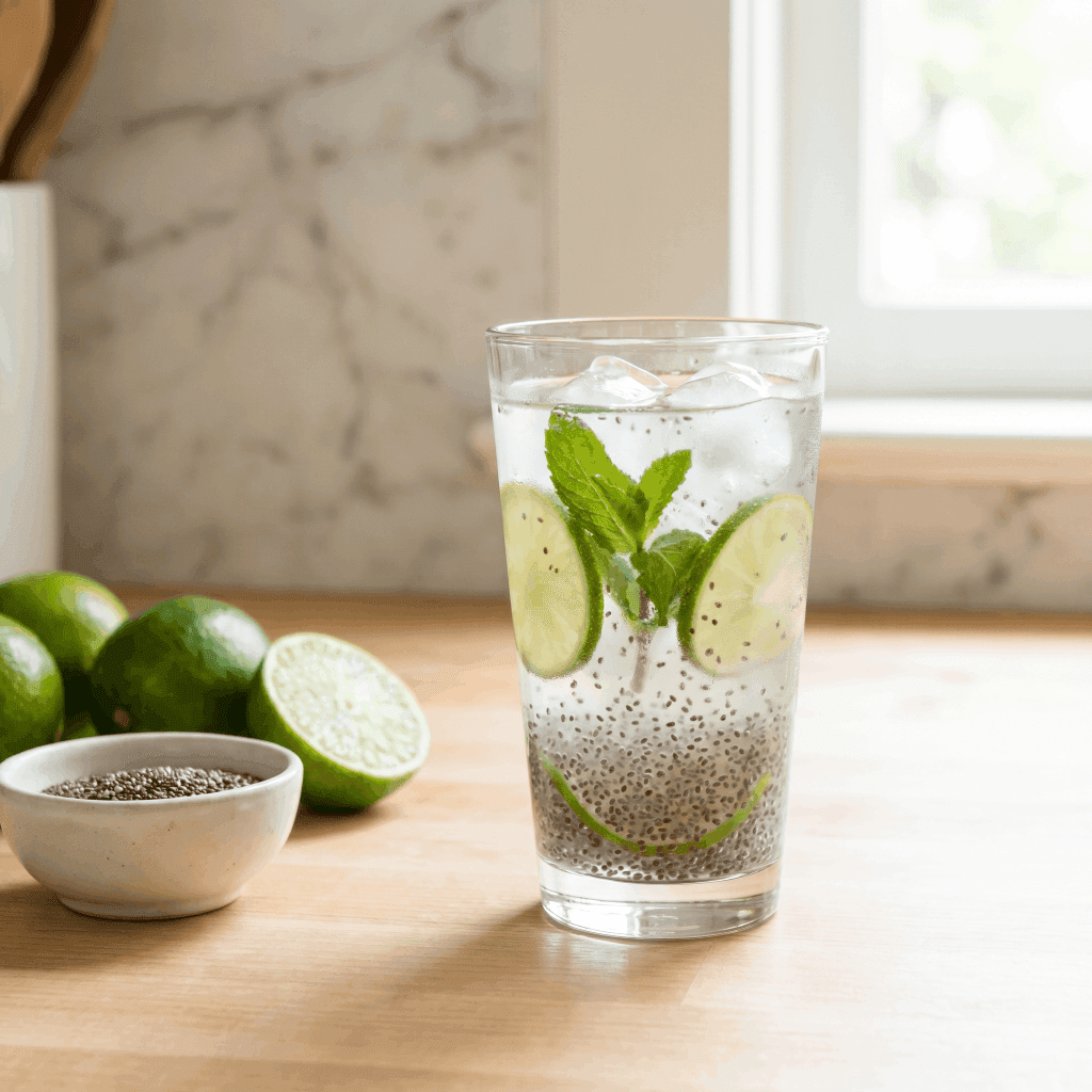 Tall glass of lime chia fresca with chia seeds, mint and ice, fresh limes and a bowl of chia seeds on a wood counter