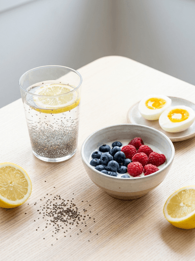 Glass of lemon chia seed water next to Greek yogurt with berries and soft-boiled eggs on a light wood table