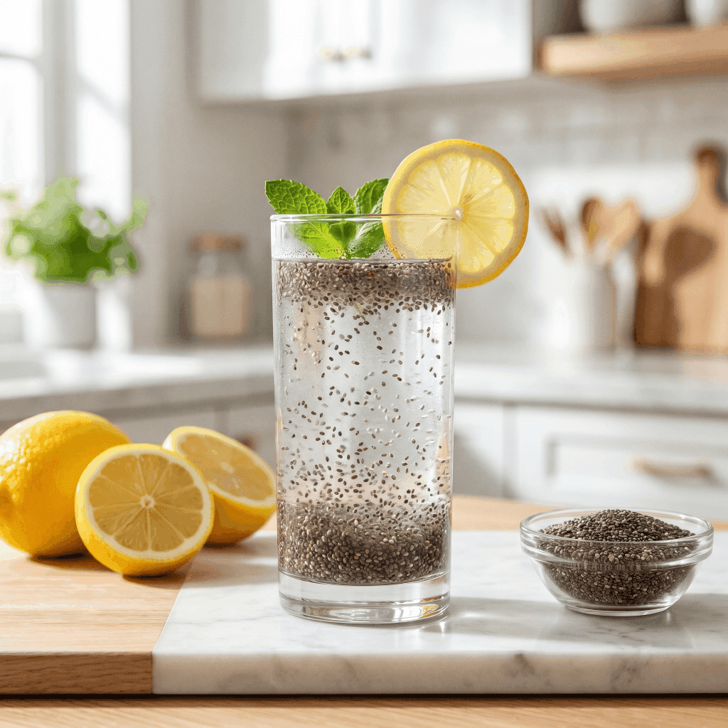 Tall glass of lemon chia seed water with chia seeds suspended, a lemon slice and mint on a marble counter
