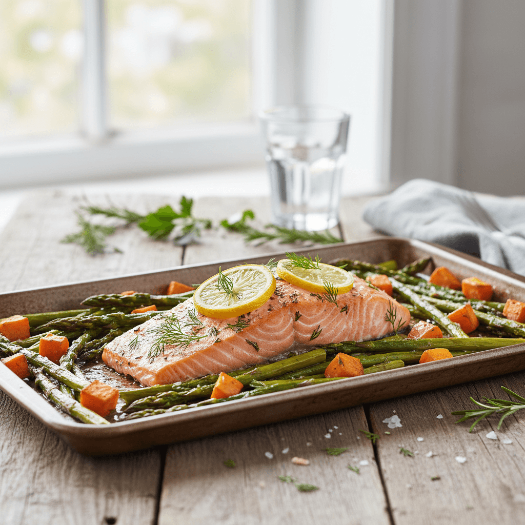 Garlic-herb baked salmon fillet with asparagus and roasted sweet potato