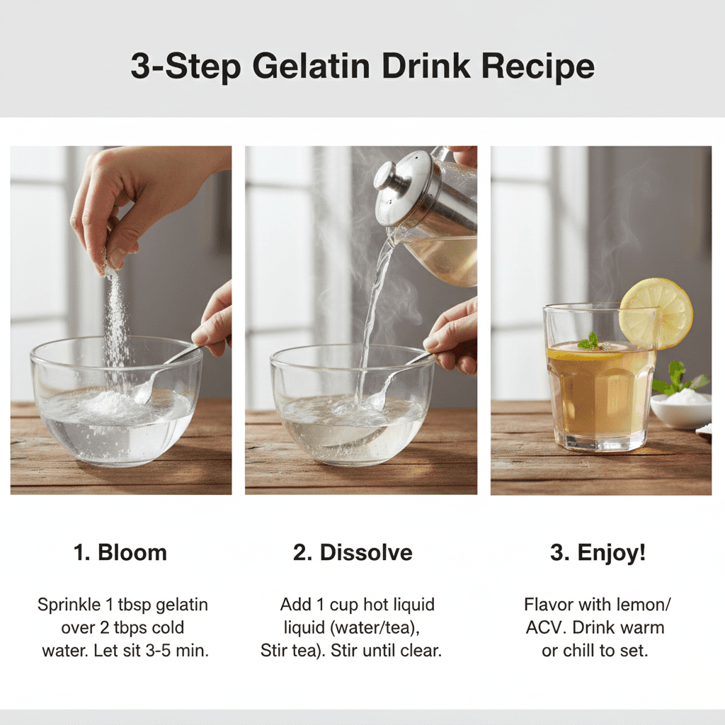 Step-by-step visual guide: blooming gelatin, dissolving in hot liquid, and the final drink