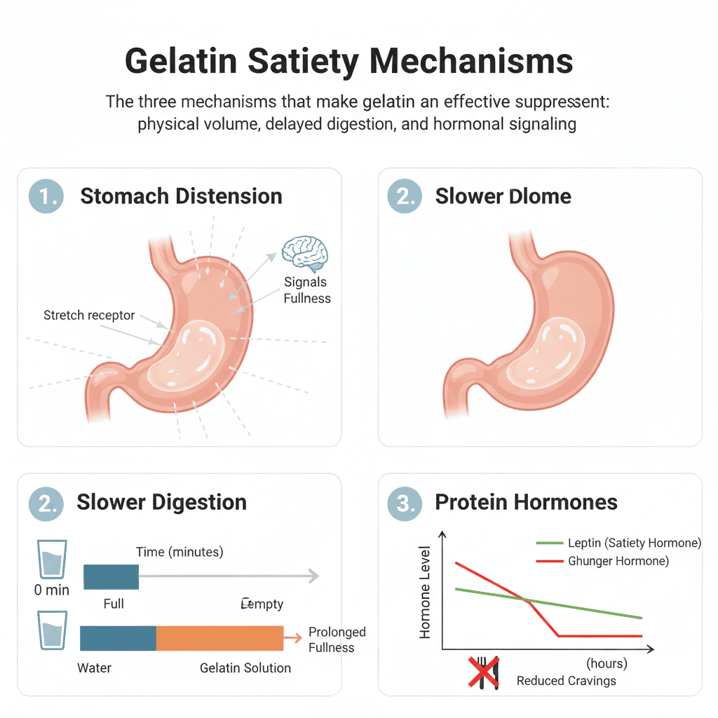 Three mechanisms of gelatin satiety: stomach distension, slower gastric emptying, and protein-driven hormonal response