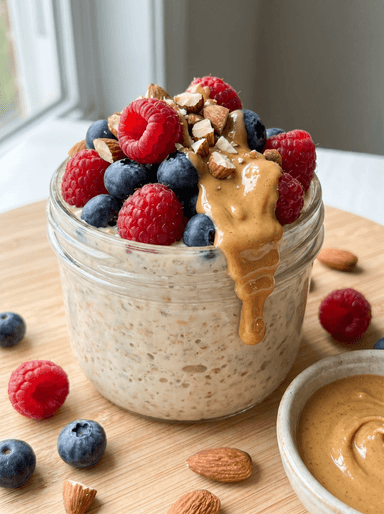 Overnight oats topped with raspberries, blueberries, chopped almonds and a swirl of peanut butter