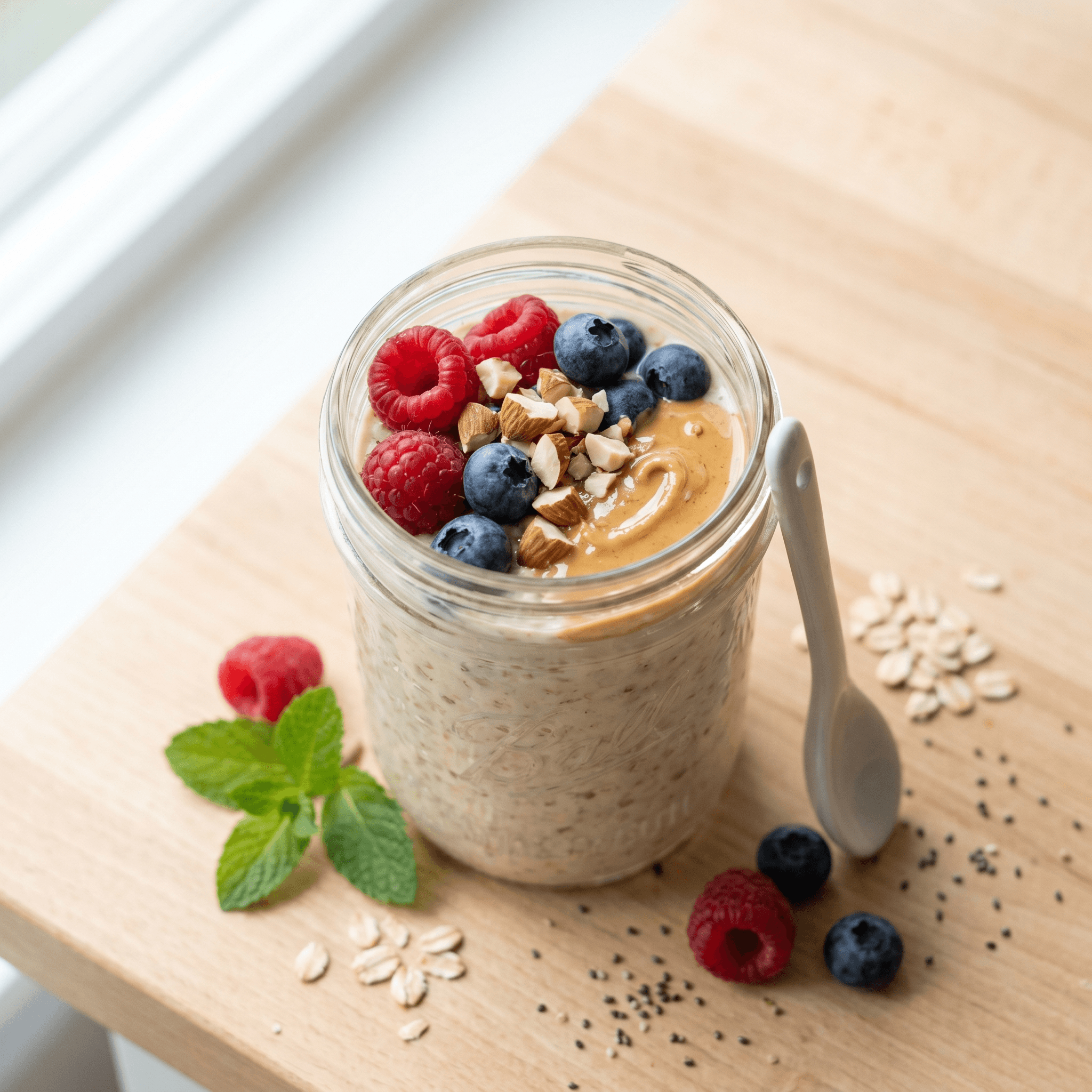 Glass jar of creamy overnight oats topped with fresh raspberries, blueberries and a swirl of peanut butter on a light wood counter
