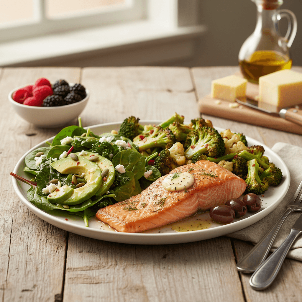 An example of a balanced ketogenic meal, rich in healthy fats, moderate protein, and low-carb vegetables