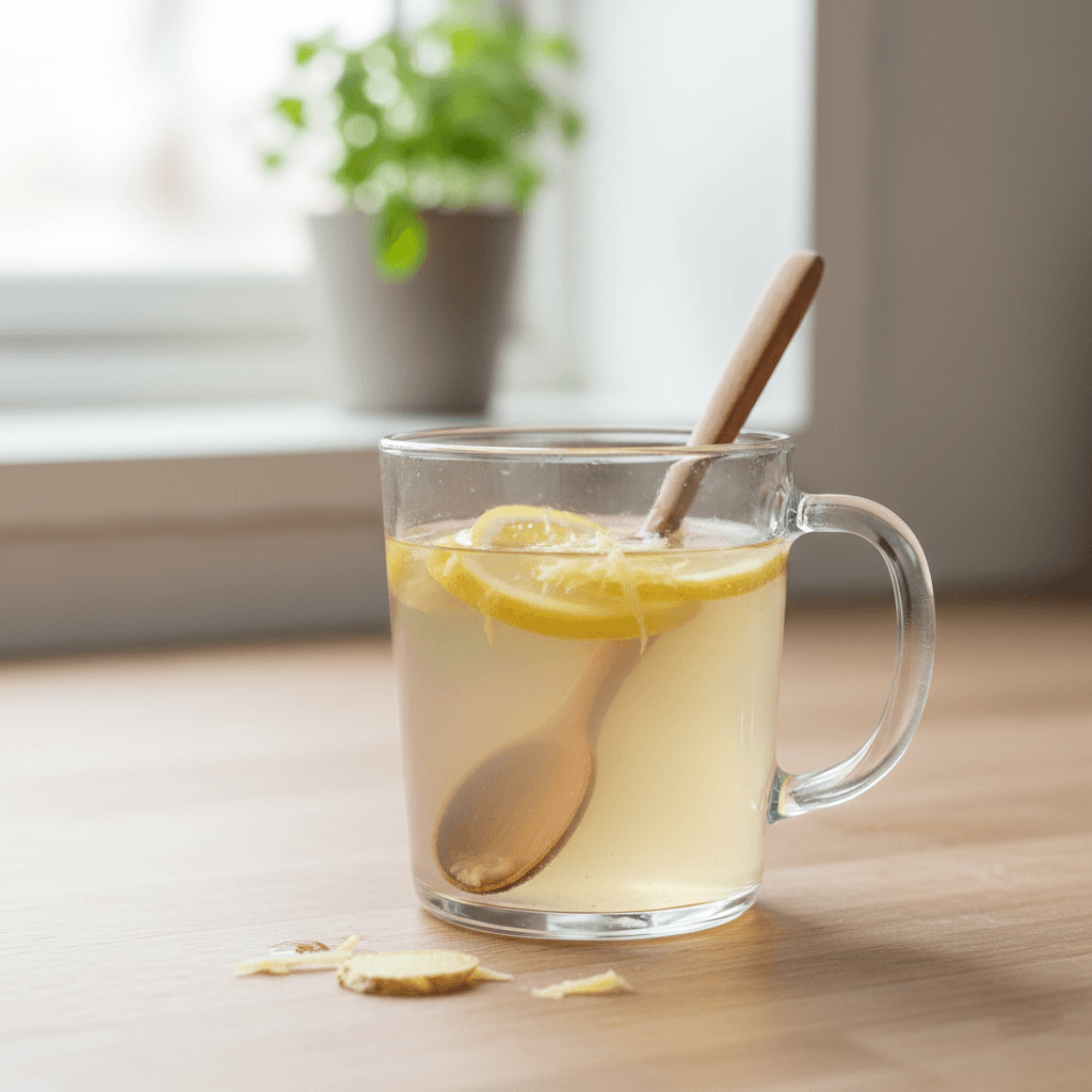 Glass with lemon-ginger-ACV morning drink on a wooden table