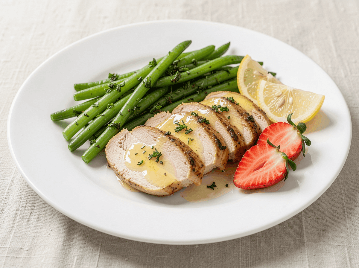 Lemon turkey with garlic green beans and fresh strawberries