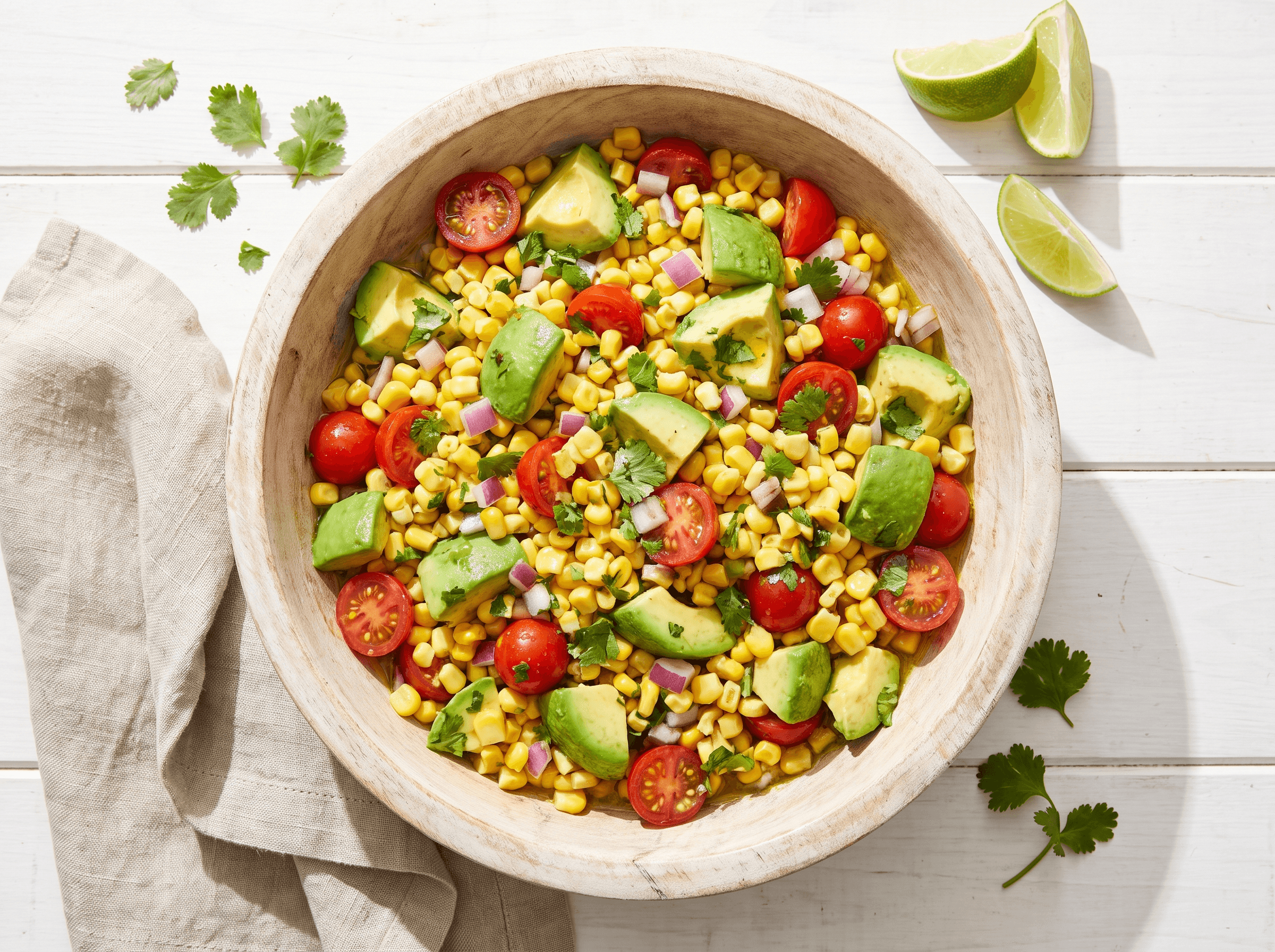 Overhead bowl of summer corn salad with avocado, cherry tomatoes, red onion and cilantro in a rustic wooden bowl