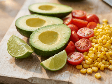 Close-up of sliced avocado, halved cherry tomatoes, sweet corn kernels and cut lime on a wooden board